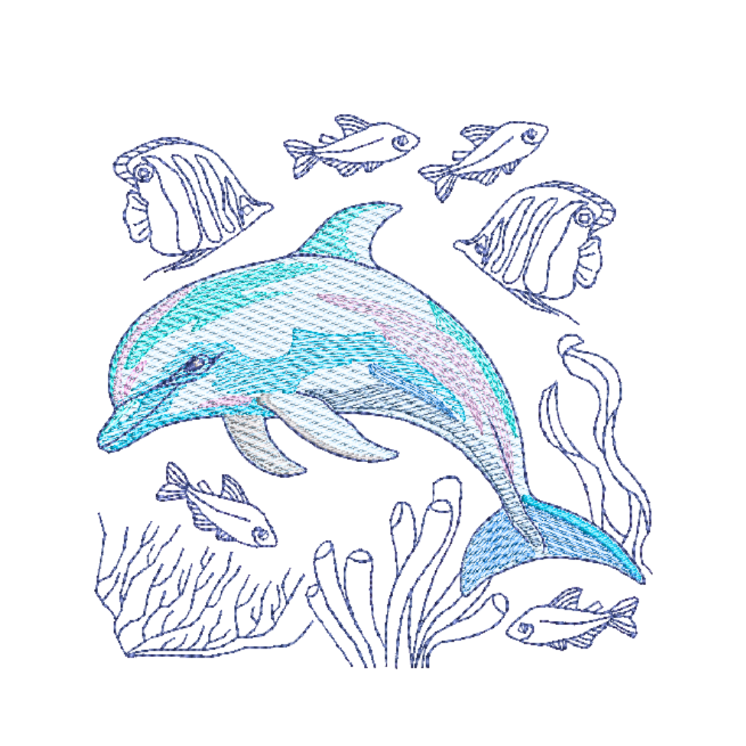 This is an image of an under the sea-inspired machine embroidery design by Stitches & Strokes, featuring a dolphin swimming over a coral reef, surrounded by coral fish.