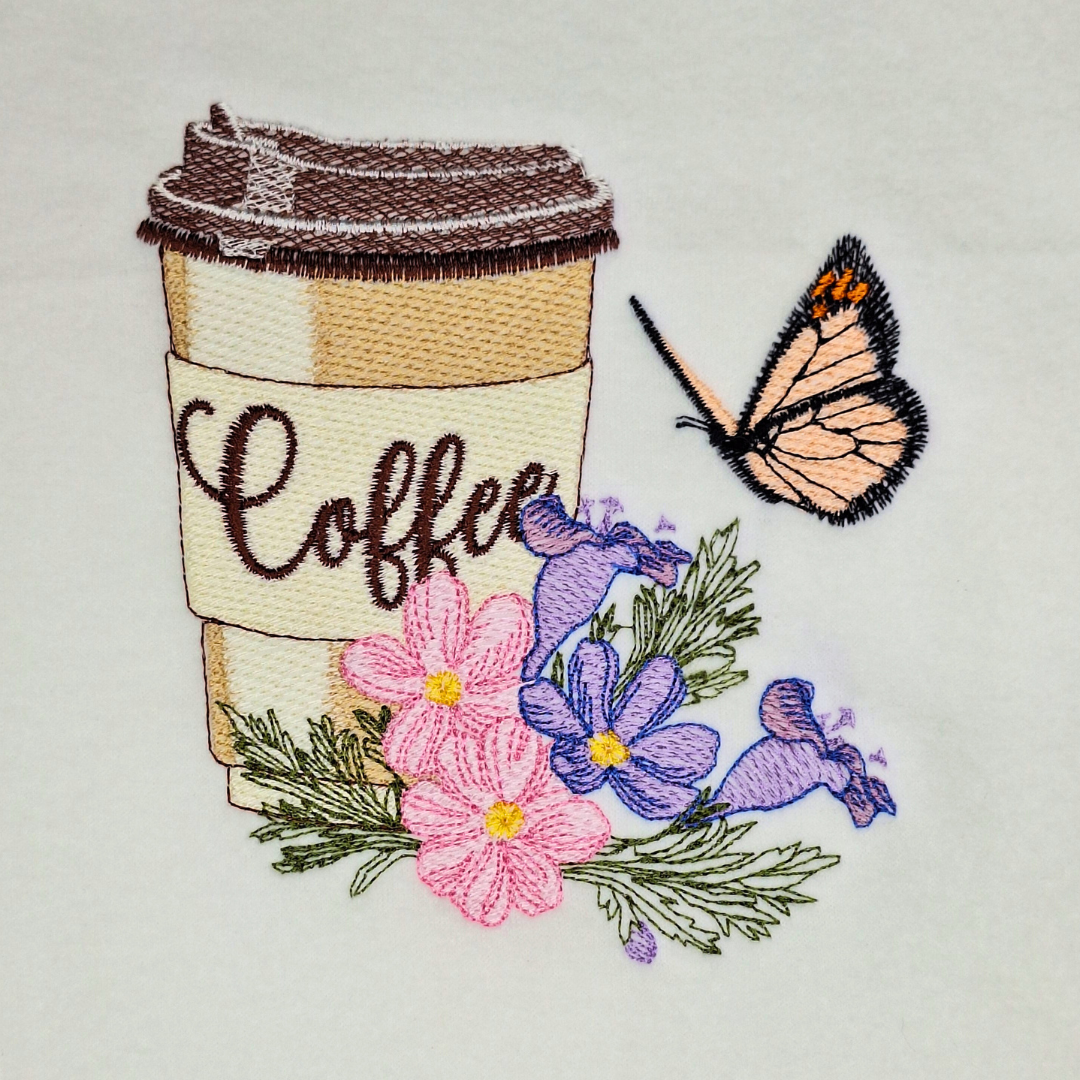 Takeaway Coffee Cup with Flowers and Butterfly Machine Embroidery Design