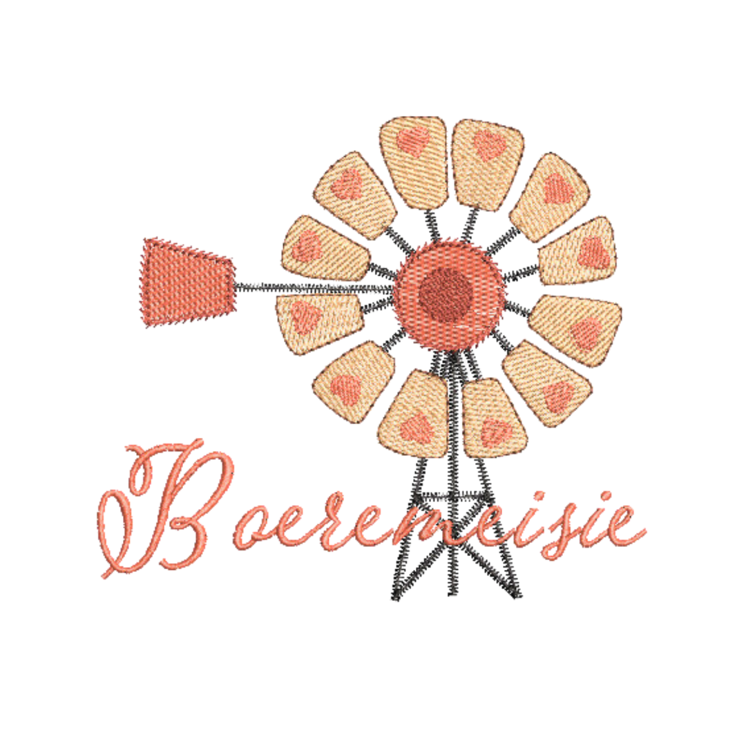 This is an image of a machine embroidery design by Stitches & Strokes, featuring a Windmill with hearts, and an Afrikaans "Boeremeisie" Quote. This Windmill with Boeremeisie Afrikaans Quote Machine Embroidery Design is perfect for embroidery on t-shirts for women's and girl's t-shirts.