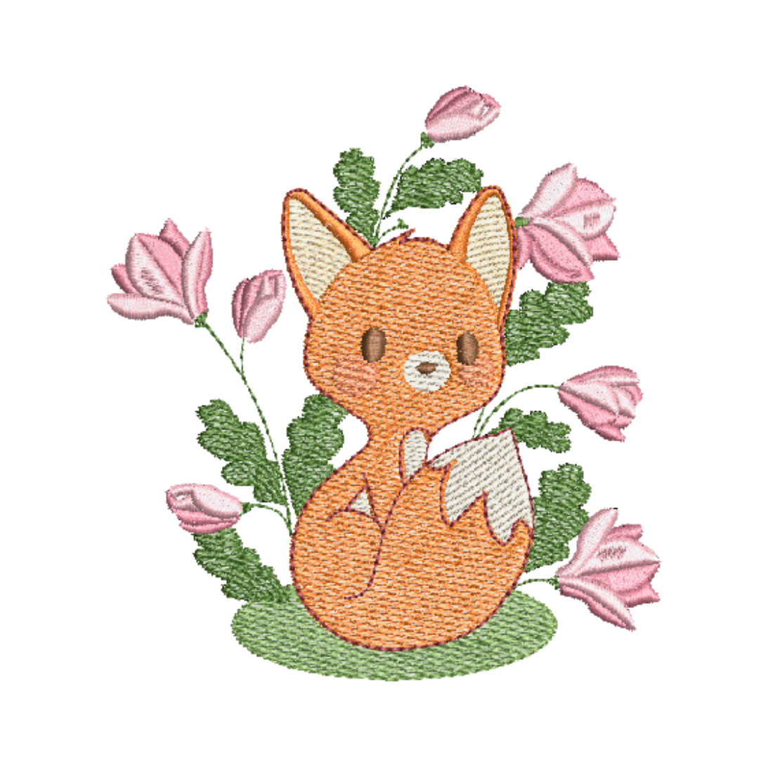 This is an image of a machine embroidery design by Stitches & Strokes, featuring a cute baby fox, surrounded by delicate magnolia flowers. This adorable baby woodland fox machine embroidery design is available in 4x4, and 5x7 hoop sizes.