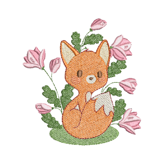This is an image of a machine embroidery design by Stitches & Strokes, featuring a cute baby fox, surrounded by delicate magnolia flowers. This adorable baby woodland fox machine embroidery design is available in 4x4, and 5x7 hoop sizes.