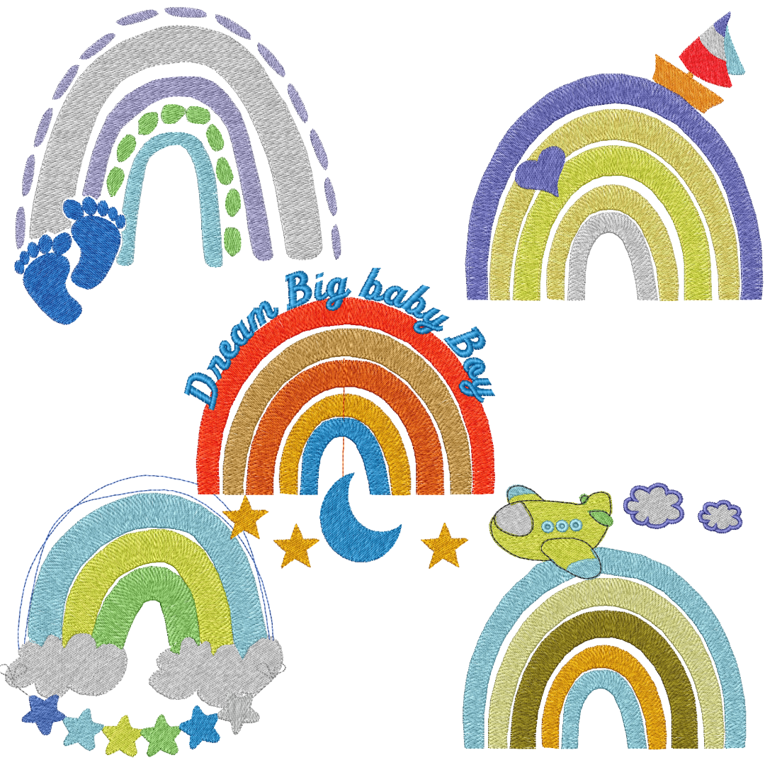 This is an image of a set of 5(five) bohemian style rainbow machine embroidery designs featuring baby feet, baby boat, stars and an airplane.