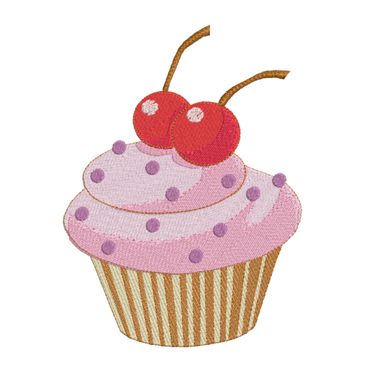 This is an image of a machine embroidery design by Stitches & Strokes, featuring a pink frosted cupcake with red cherries. This cupcake machine embroidery design is beautifully detailed with shading and in perfect for embroidery on kitchen and bakery décor and accessories like aprons, tablecloths, oven mittens, and more.