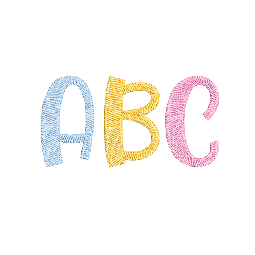 This is an image of a machine embroidery design (pattern) by Stitches & Strokes, featuring the letters ABC for kids and babies. Download this Free machine embroidery pattern to test out on your embroidery machine. You will love the quality of our fonts. This ABC design is perfect for embroidery on baby onesies, kids t-shirts, and children's accessories like travel bags, and school bags.