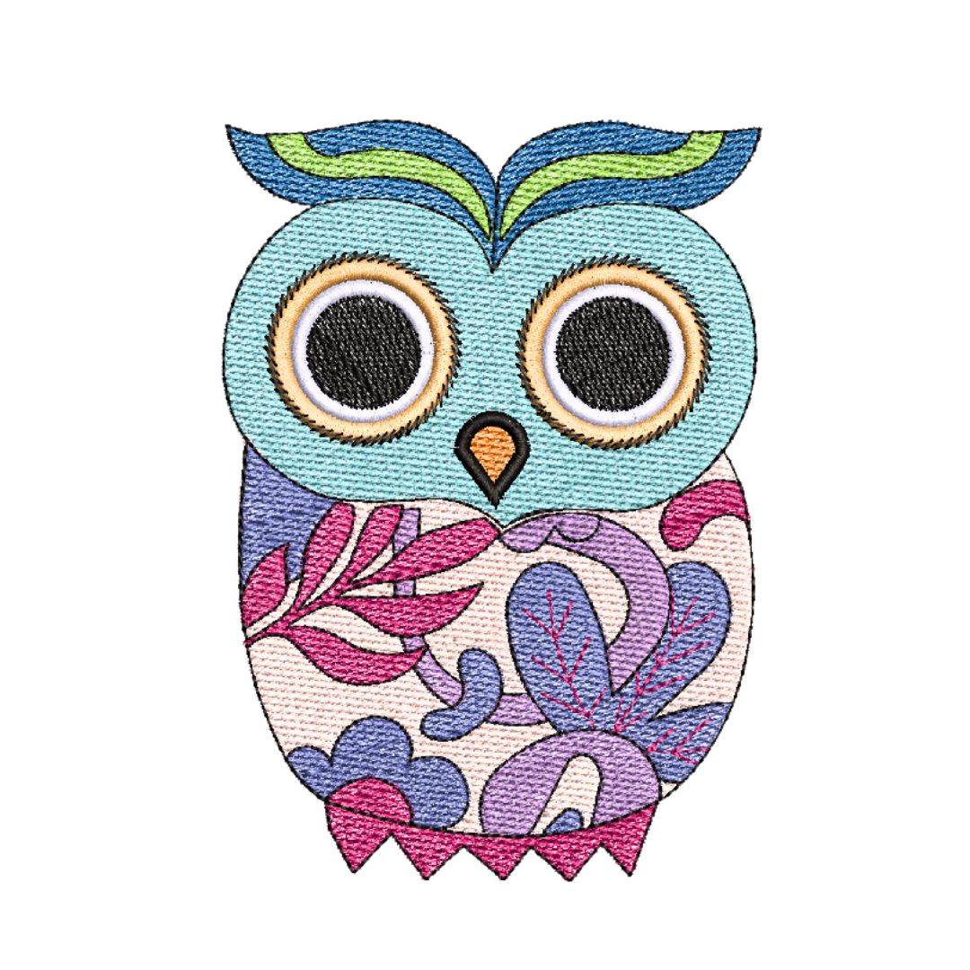 This is a machine embroidery design (pattern) by Stitches & Strokes featuring a colorful owl with abstract flower art in pink and purple. This Abstract Owl Machine Embroidery is perfect for embroidery on Aprons, and accessories like Tote Bags. 