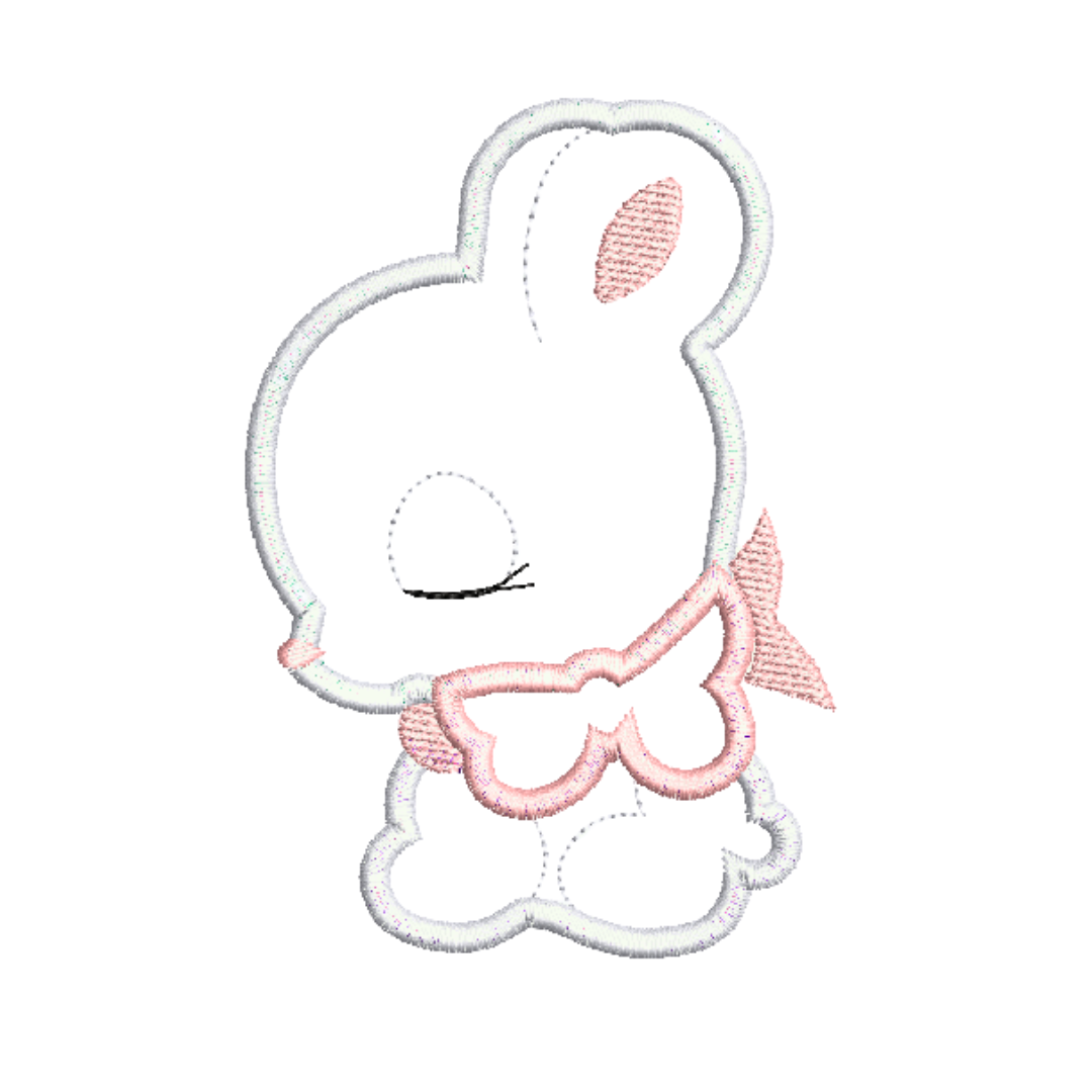 This as an image of an Applique Machine Embroidery Design by Stitches & Strokes, featuring a Baby Bunny with a Pink bow. This adorable baby bunny applique machine embroidery pattern is perfect for embroidery on Easter Decor and Baby Gifts like burp cloths, blankets, crib bedding and travel bags.