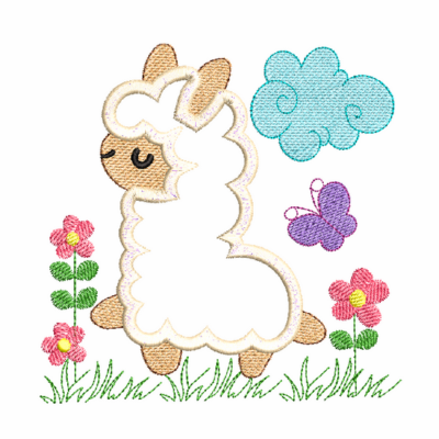 This is an image of an Applique Machine Embroidery Design by Stitches & Strokes, featuring an adorable baby Llama in a field of grass and pink flowers, a butterfly, and a fluffy blue cloud. This Llama Applique Machine embroidery pattern is perfect for embroidery on baby shower gifts like burp cloths, blankets, and accessories like baby diaper bags.