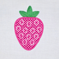 This is an image of an applique machine embroidery design by Stitches & Strokes, featuring a cute strawberry with green embroidered leaves. This strawberry machine embroidery design is perfect for embroidery on kitchen décor and kids clothing.