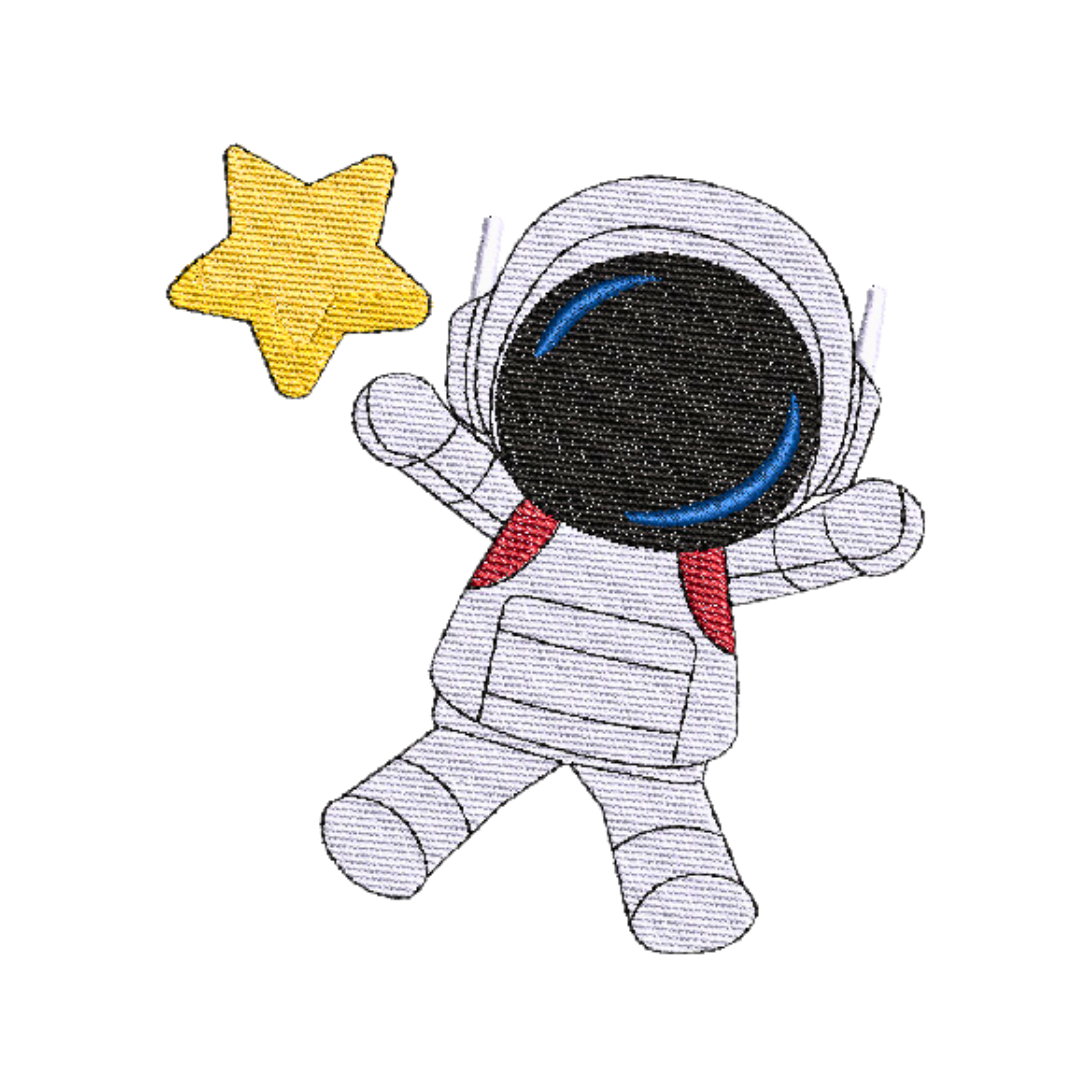 This is an image of an astronaut machine embroidery design. The figure is depicted in a classic spacesuit, featuring intricate details and accented with a star. The embroidery adds a touch of whimsy and celestial charm, making the astronaut appear as if it is floating through a starry cosmos. The design captures a sense of adventure and wonder, perfect for space enthusiasts and dreamers alike.