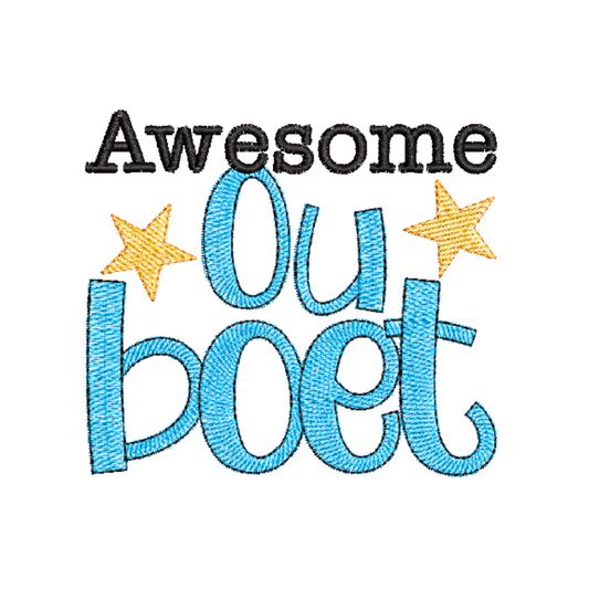 This is an image of a machine embroidery design by Stitches & Strokes, featuring an Afrikaans Quote: "Awesome Ouboet" (meaning Awesome or Amazing Big Brother) machine embroidery design. This big brother machine embroidery design is perfect for embroidery on T-shirt for little boys who just got a little babybrother or sister.