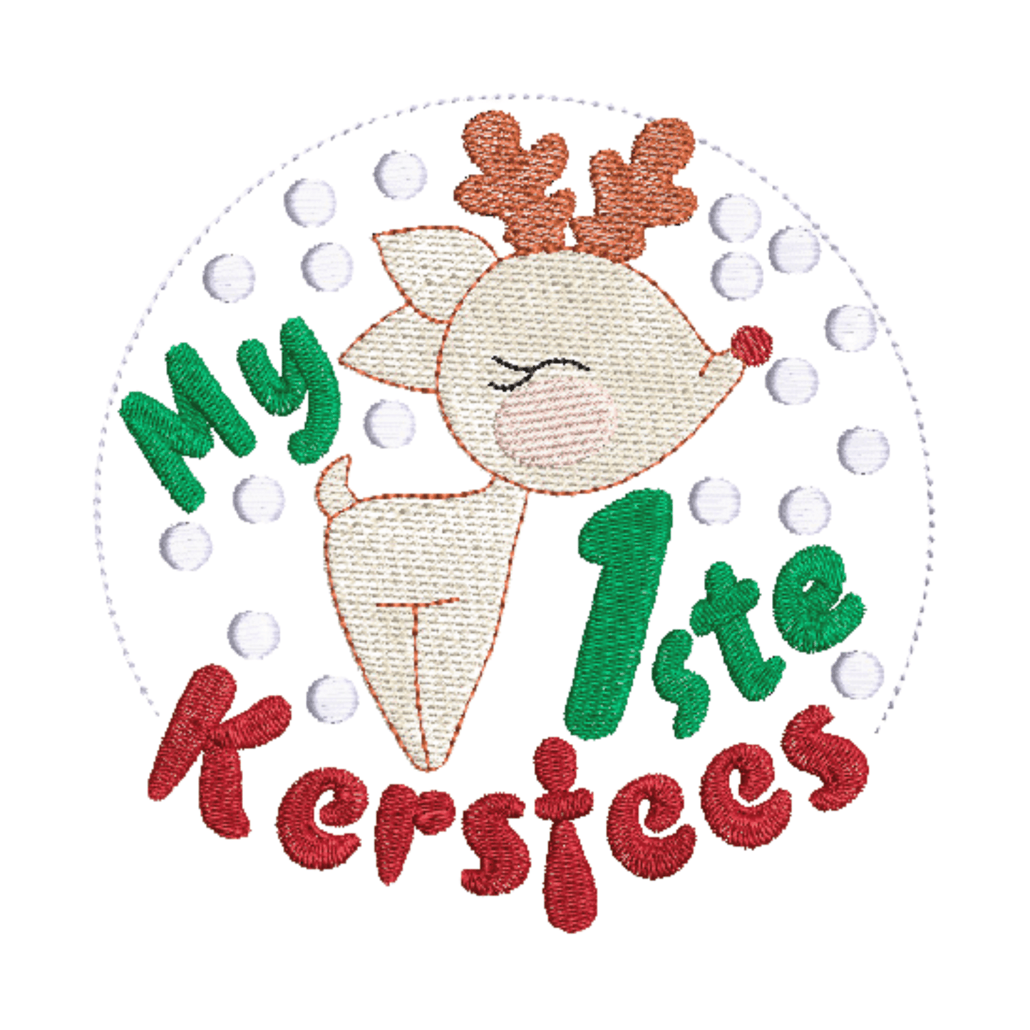 A sweet snow globe Afrikaans quote machine embroidery design for baby's first Christmas with a little baby deer with a red nose and snow flakes.