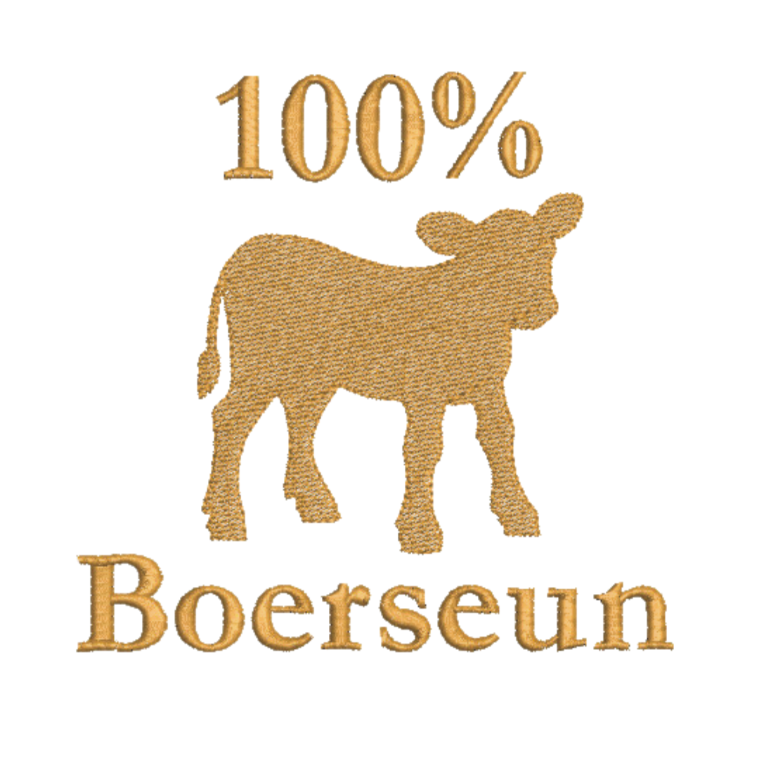 This is an image of a machine embroidery design featuring a baby cow with a 100% Boerseun Afrikaans quote. This 100% Boerseun machine embroidery design is perfect for embroidery on t-shirts for boys and men. 