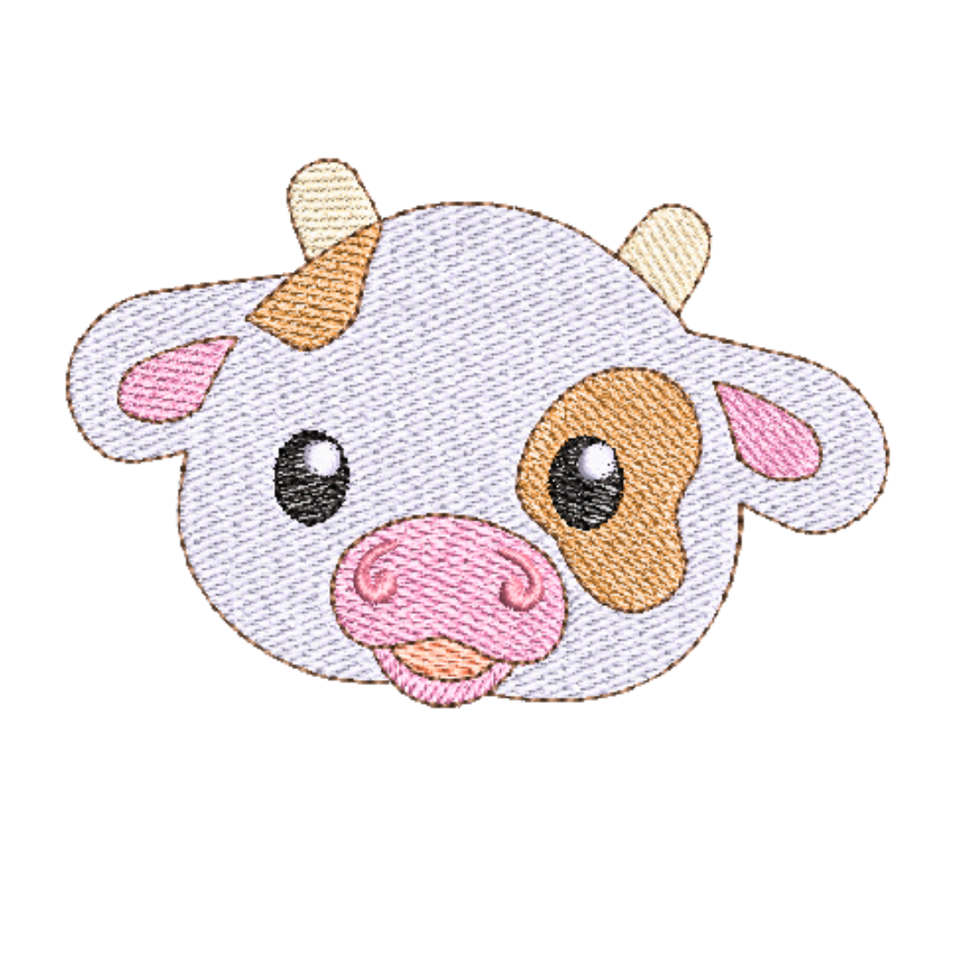 This is an image of a machine embroidery design by Stitches & Strokes, featuring an adorable baby cow face. This Baby Cow Face Machine Embroidery Design is perfect for embroidery on baby items like onesies, blankets, burp cloths, and more. 