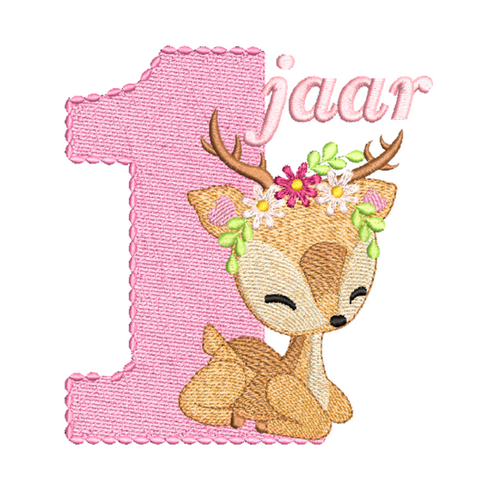 This is an image of a machine embroidery design featuring a baby deer with flowers on it's head and a pink number one in the background. This baby deer with number one machine embroidery design is perfect to compliment your baby girl's first birthday party. Embroider on onesies, t-shirts, and dresses.