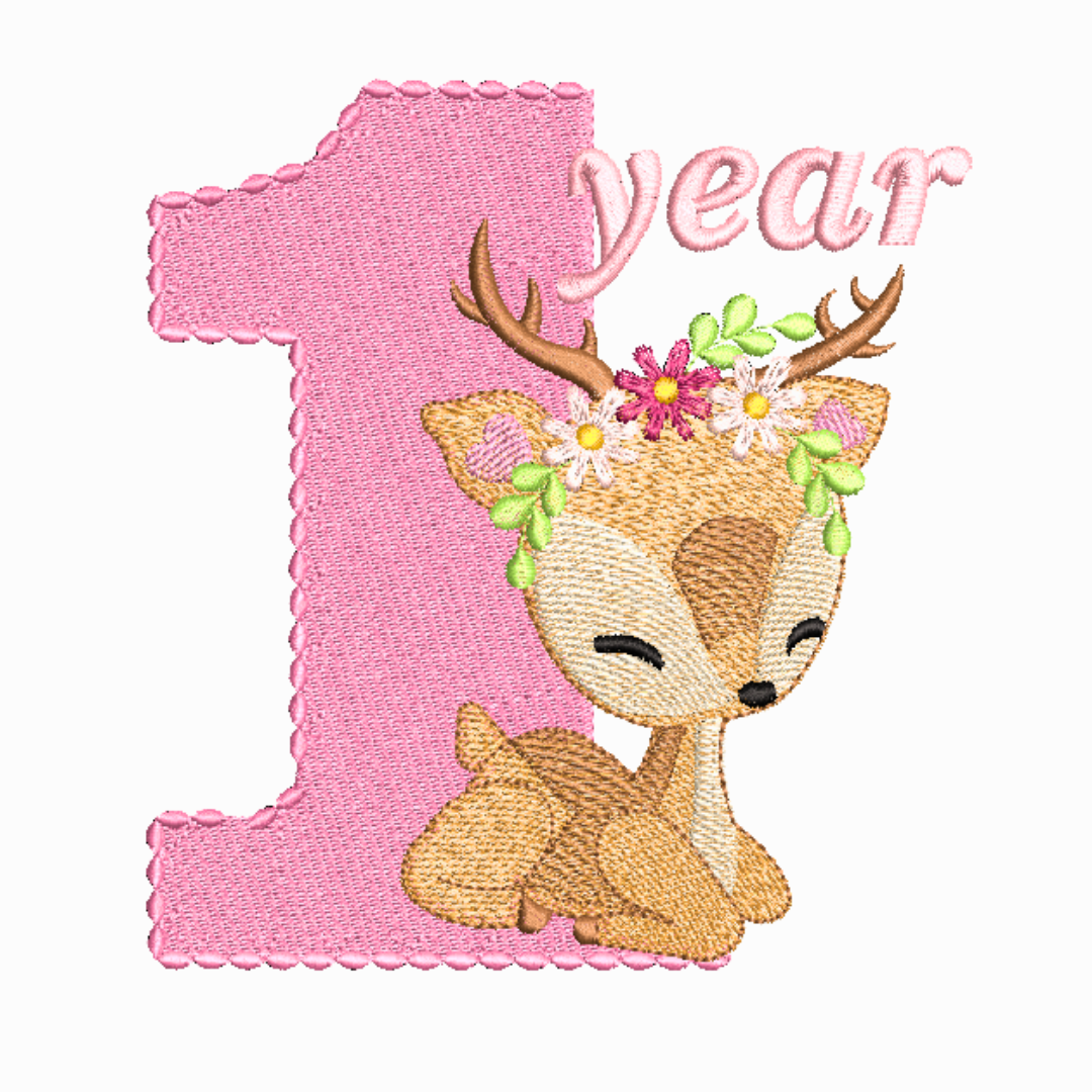 This is an image of a machine embroidery design featuring a baby deer with flowers on it's head and a pink number one in the background. This baby deer with number one machine embroidery design is perfect to compliment your baby girl's first birthday party. Embroider on onesies, t-shirts, and dresses.