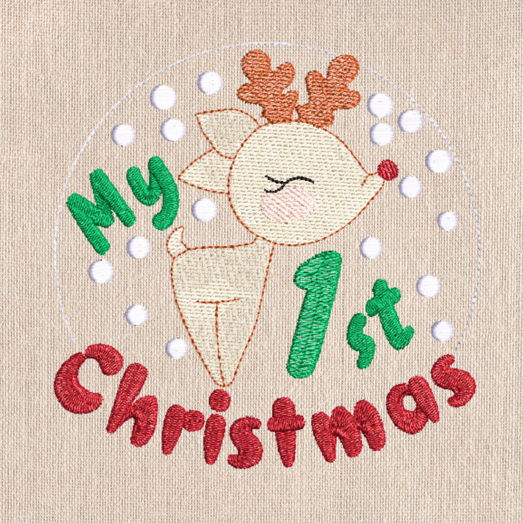 This is a Christmas themed machine embroidery design featuring a baby deer in a snow globe with snowflakes and the quote "My First Christmas" This design is perfect for embroidery on newborn babies clothing and onesies.