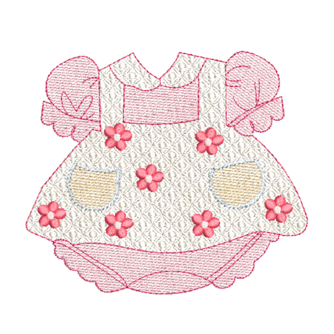 This is an image of a pink and white baby dress machine embroidery design featuring small flowers and little pockets.