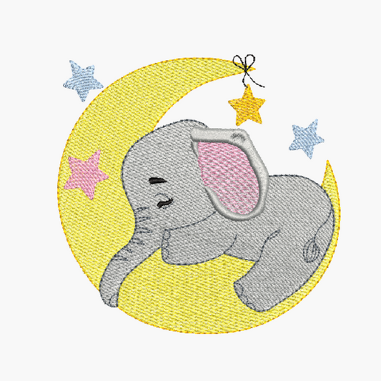 This is a machine embroidery design by Stitches & Strokes, featuring an adorable baby elephant, peacefully sleeping on a crescent moon, surrounded by stars in pastel pink, yellow, and blue. This baby elephant machine embroidery pattern is perfect for embroidery on baby blankets, burp cloths, and baby room décor. 
