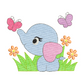 This is an image of a baby elephant with flowers and butterfly machine embroidery design. The light blue elephant has a pink heart shaped ear and is surrounded by grass with flowers and a pink and purple butterfly. 