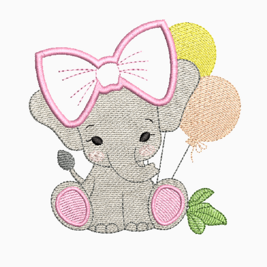 This is an image of a machine embroidery design by Stitches & Strokes, featuring an adorable grey elephant with balloons and a big Applique Bow on its head. This elephant machine embroidery design is perfect for embroidery on gifts for baby showers and baby birthdays.