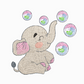 This is an image of a machine embroidery design by Stitches & Strokes, featuring an adorable grey baby elephant playing with soap bubbles. This baby elephant machine embroidery pattern is perfect for embroidery on bath time towels for babies and will make an ideal baby shower gift.