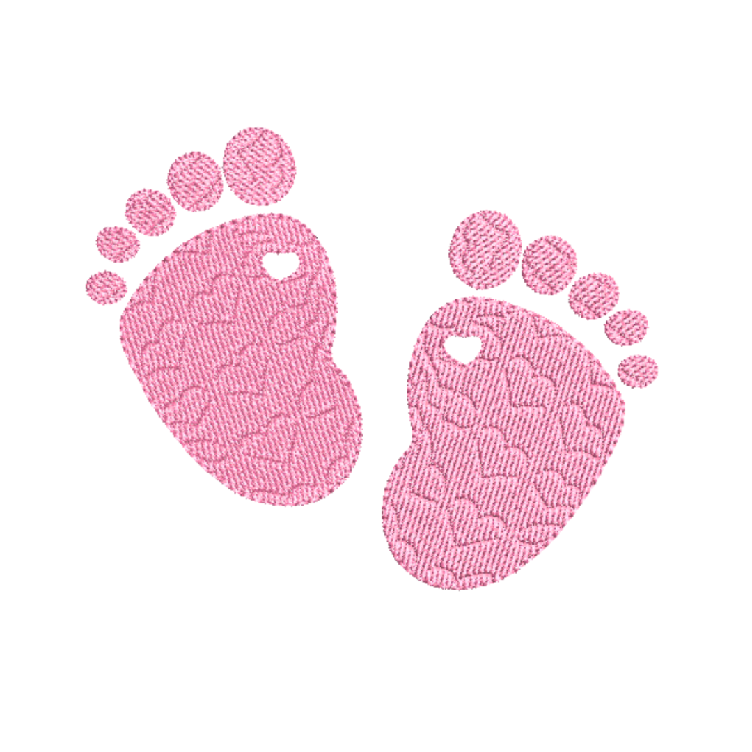 This is an image of a machine embroidery design featuring two pink baby feet, each embellished with an adorable little heart. This design can also be embroidered in blue for baby boys, or if the baby's gender is unknown, they will look beautiful in yellow, and green.