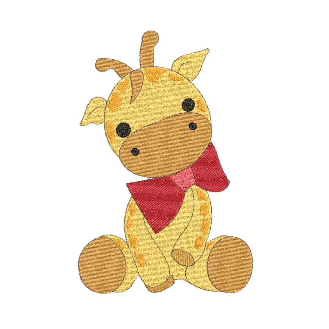 This is an image of a baby Giraffe with red bow machine embroidery design. This baby giraffe machine embroidery pattern can be embroidered on baby clothes and gifts for Baby Showers and Christmas.