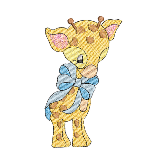 This is an image of a machine embroidery design by Stitches & Strokes, featuring an adorable baby giraffe with a blue bow around his neck. This baby giraffe machine embroidery pattern is perfect for embroidery on Safari themed baby clothes, burp cloths, and accessories like travel bags.