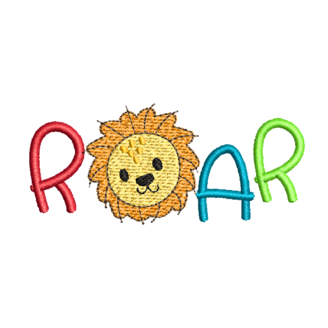 This is a cute simple baby lion with a Roar quote in red, green and blue machine embroidery design for babies and toddler clothes and t-shirts.