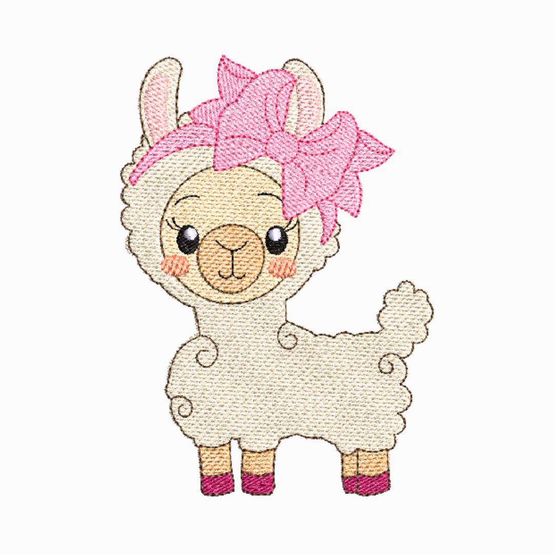 This is an image of a machine embroidery design by Stitches & Strokes, featuring a baby Llama with a big pink headband. This machine embroidery pattern is perfect for embroidery on girls' t-shirts, and baby onesies, blankets, and burp cloths.