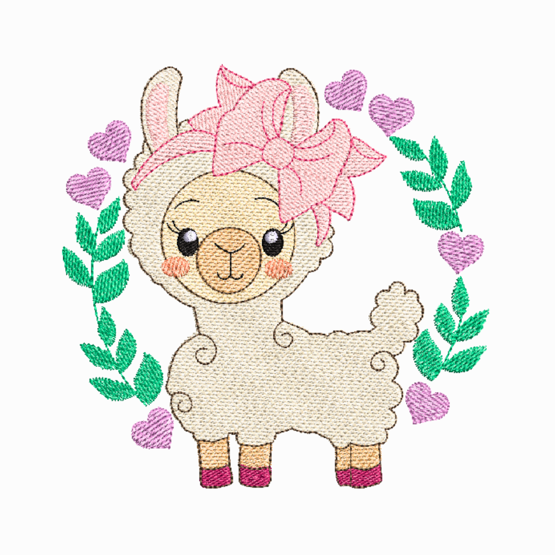 This is an image of a machine embroidery design(pattern) by Stitches & Strokes, featuring a baby Llama with a head-band and pink bow, surrounded by a wreath with leaves and hearts. This machine embroidery pattern is ideal for embroidery on girls' t-shirts, and baby onesies, blankets, and burp cloths.