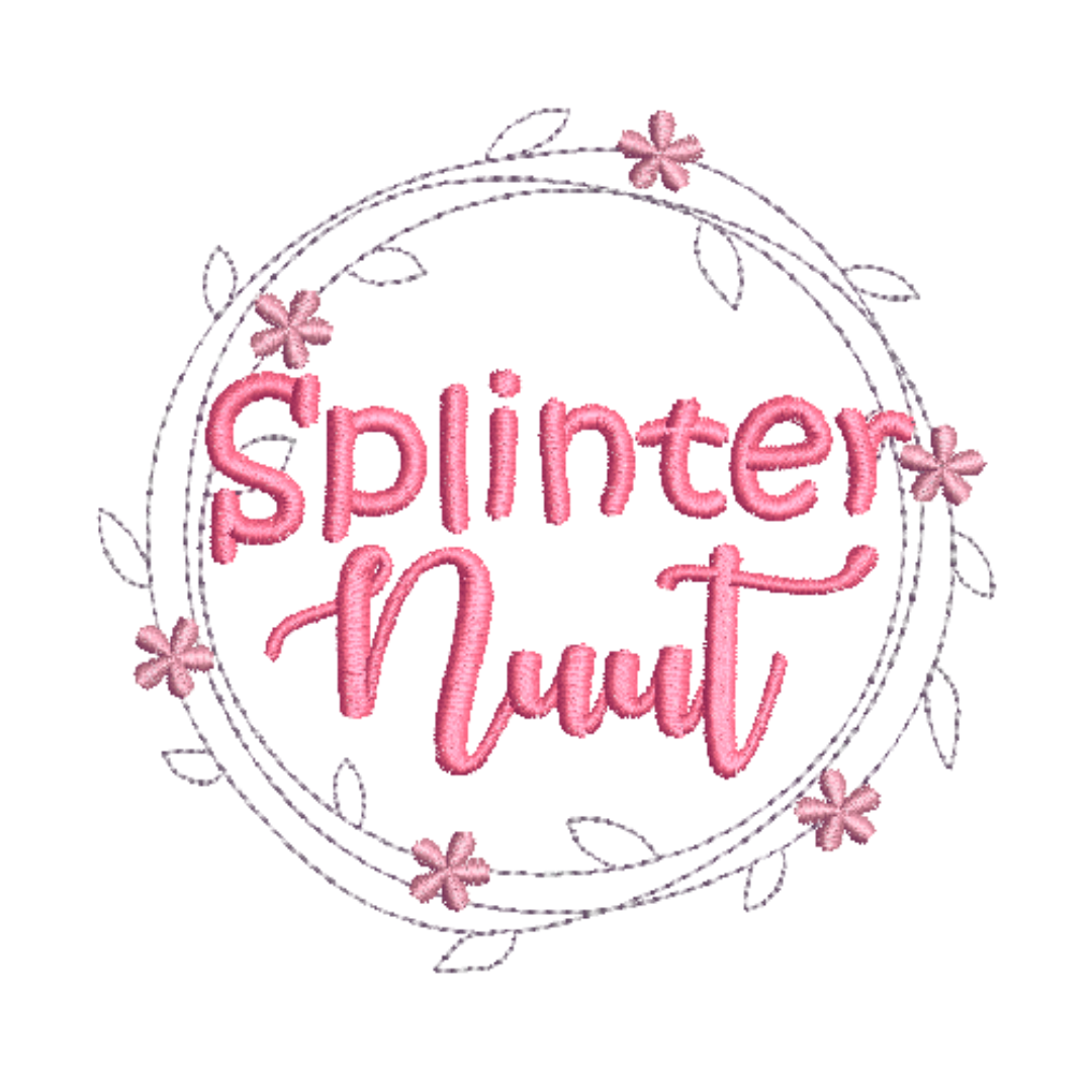 This is an image of a machine embroidery design by Stitches & Strokes, featuring a flower wreath with an Afrikaans saying "Splinter Nuut" for newborn baby onesies and gifts.