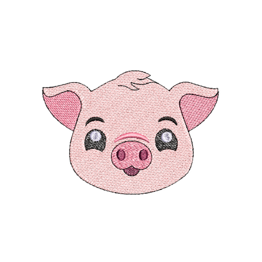 This is an image of a machine embroidery design by Stitches & Strokes, featuring a cute little pink baby pig face. This is an adorable piglet machine embroidery design that is perfect for embroidery on baby items like baby onesies, blankets, crib bedding, and burp cloths.