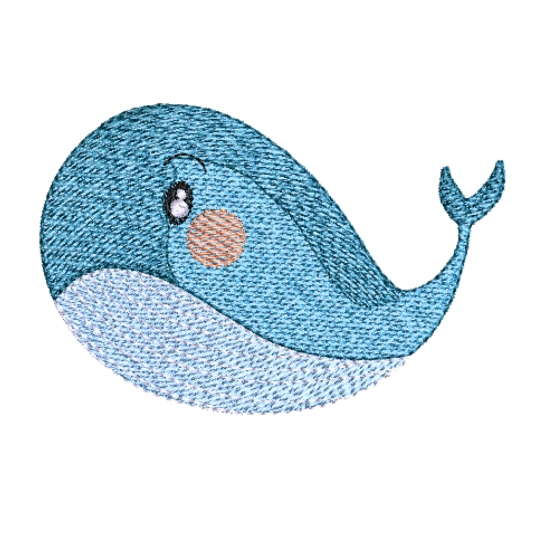 This is an image of a machine embroidery design featuring a baby blue whale. This baby blue whale machine embroidery design is perfect for embroidery on baby clothes, burp cloths, and bibs for baby showers gifts.