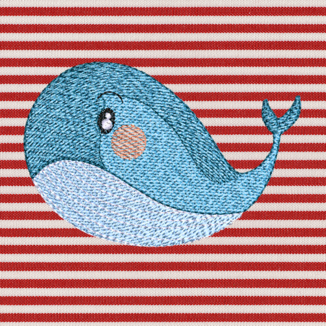 This is an image of a machine embroidery design featuring a baby blue whale. This baby blue whale machine embroidery design is perfect for embroidery on baby clothes, burp cloths, and bibs for baby showers gifts.