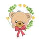 This is an image of a machine embroidery design by Stitches & Strokes featuring a Baby Bear with a Red Bow in a Leafy Wreath with Yellow Hearts. This Baby Bear Machine Embroidery Pattern is perfect for embroidery on baby clothes, burp cloths,  bibs, accessories like travel bags.