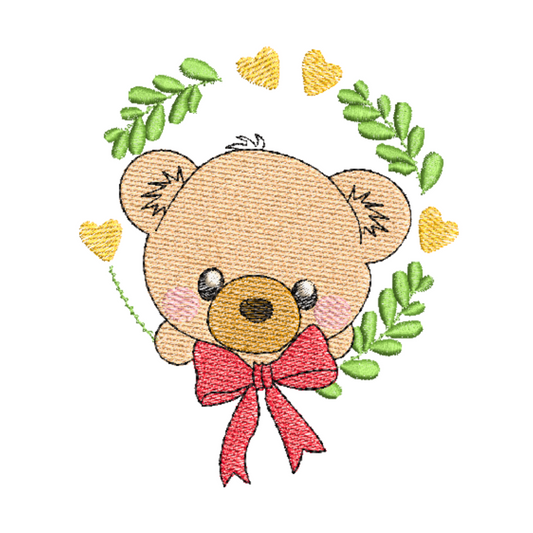 This is an image of a machine embroidery design by Stitches & Strokes featuring a Baby Bear with a Red Bow in a Leafy Wreath with Yellow Hearts. This Baby Bear Machine Embroidery Pattern is perfect for embroidery on baby clothes, burp cloths,  bibs, accessories like travel bags.