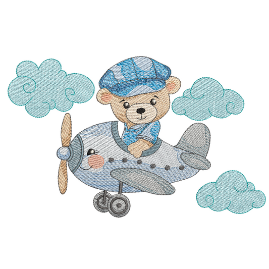 This is an image of a machine embroidery design by Stitches & Strokes, featuring a cute bear in an airplane, surrounded by blue fluffy clouds. This Baby bear and airplane machine embroidery pattern is perfect for large blankets, crib bedding, and travel bags for baby boys and toddlers.