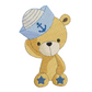 This is an image of a baby bear with a sailor hat machine embroidery design. The baby bear's hat features a little ship's anchor and the baby bear has blue stars on his feet.