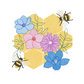 This is an image of a machine embroidery design featuring a honeycomb and two honeybees with beautiful flowers. This honeycomb and bee machine embroidery design is perfect for aprons, tablecloths, and home décor like cushions. 