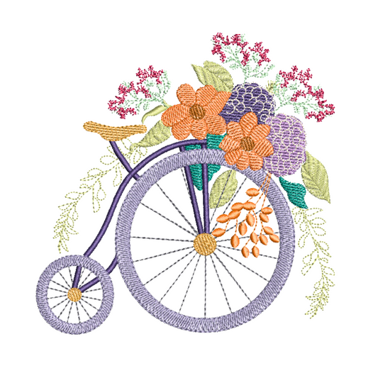 This is an image of a machine embroidery design featuring a vintage bicycle in purple shades and a bouquet of beautiful purple, peach, and pink flowers and green leaves 