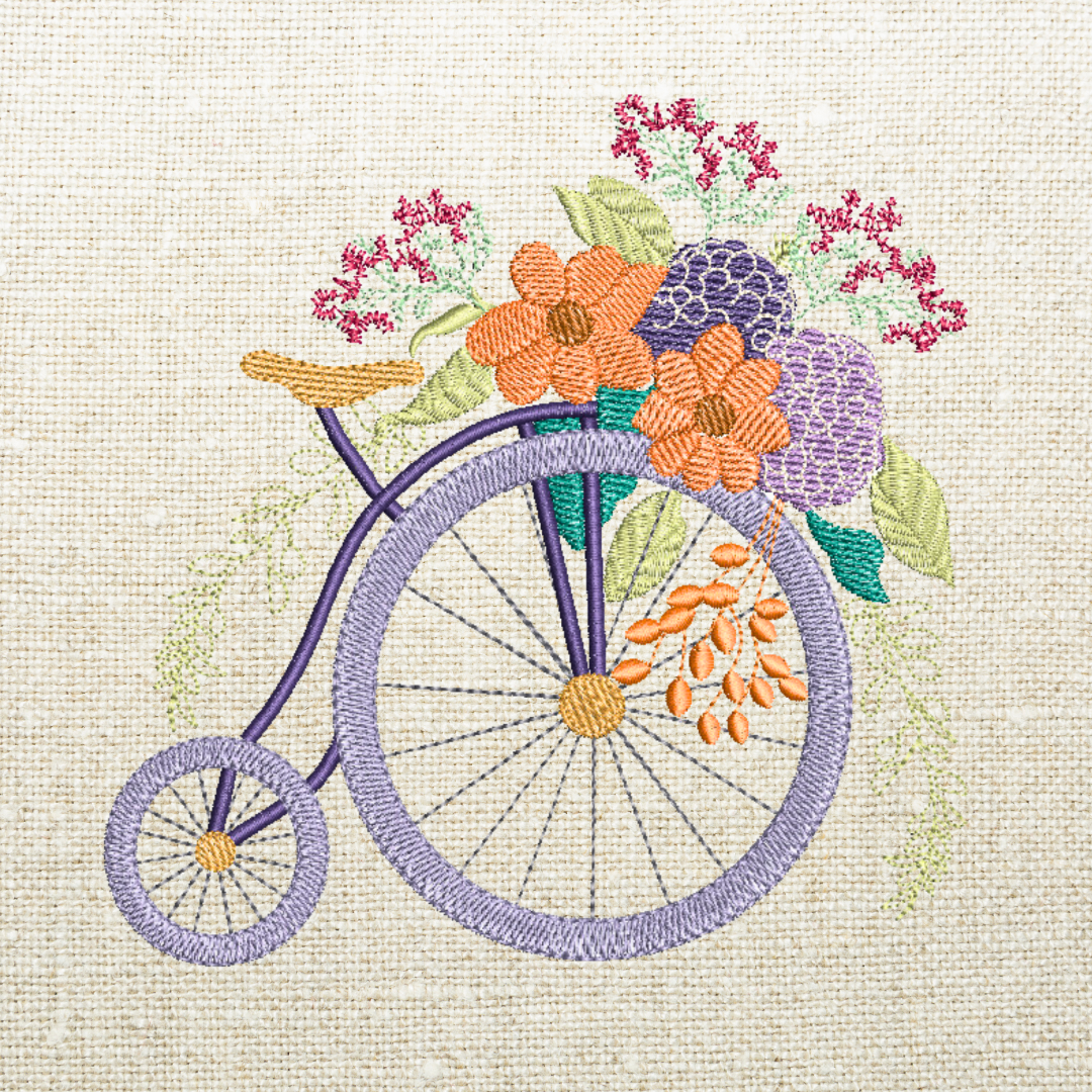 This is an image of a machine embroidery design featuring a vintage bicycle in purple shades and a bouquet of beautiful purple, peach, and pink flowers and green leaves