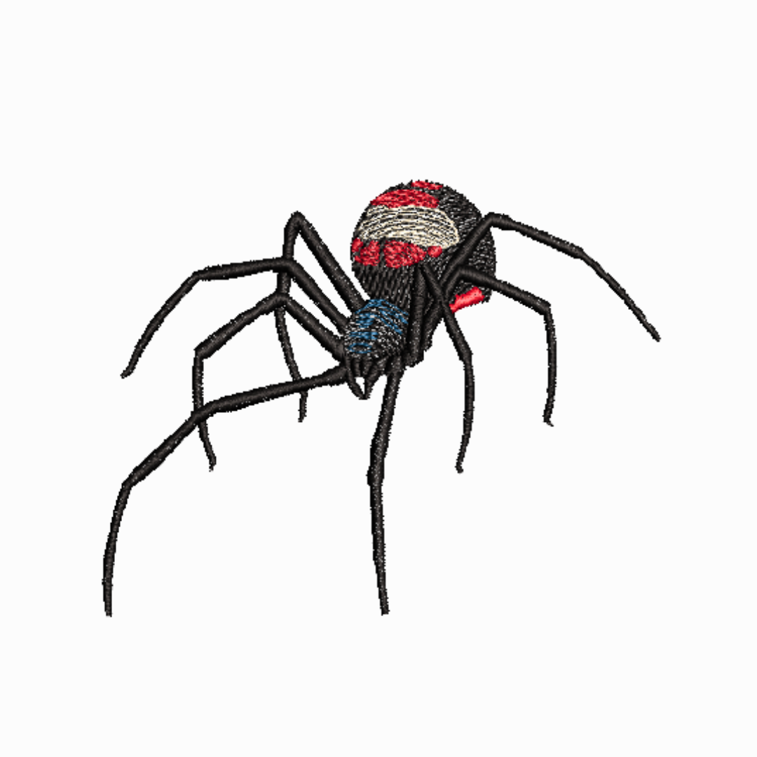 This is an image of a machine embroidery design featuring a Black Widow Spider. This Black Widow Spider machine embroidery design is perfect for embroidery on t-shirts, as well as decorations and gifts for Halloween.