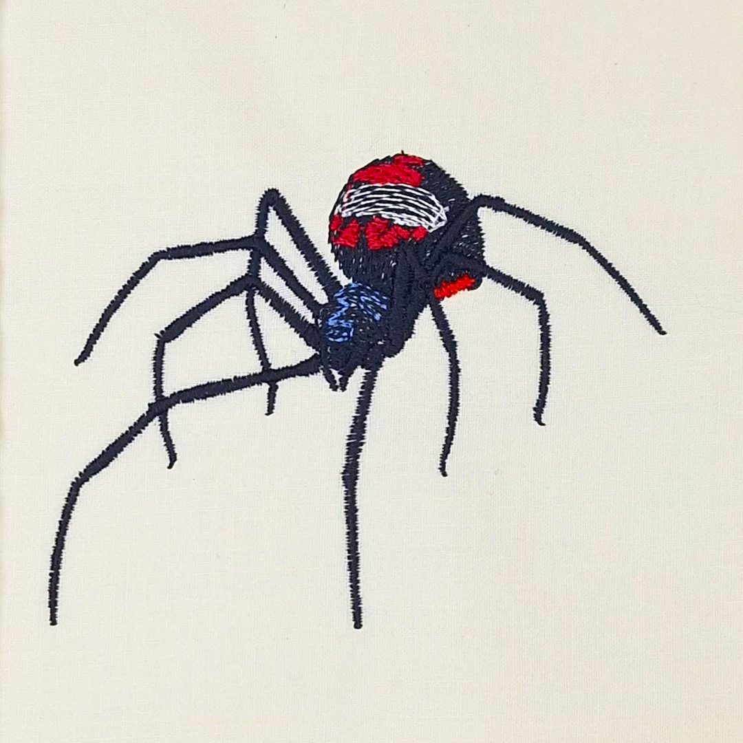 This is an image of a machine embroidery design featuring a Black Widow Spider. This Black Widow Spider machine embroidery design is perfect for embroidery on t-shirts, as well as decorations and gifts for Halloween.