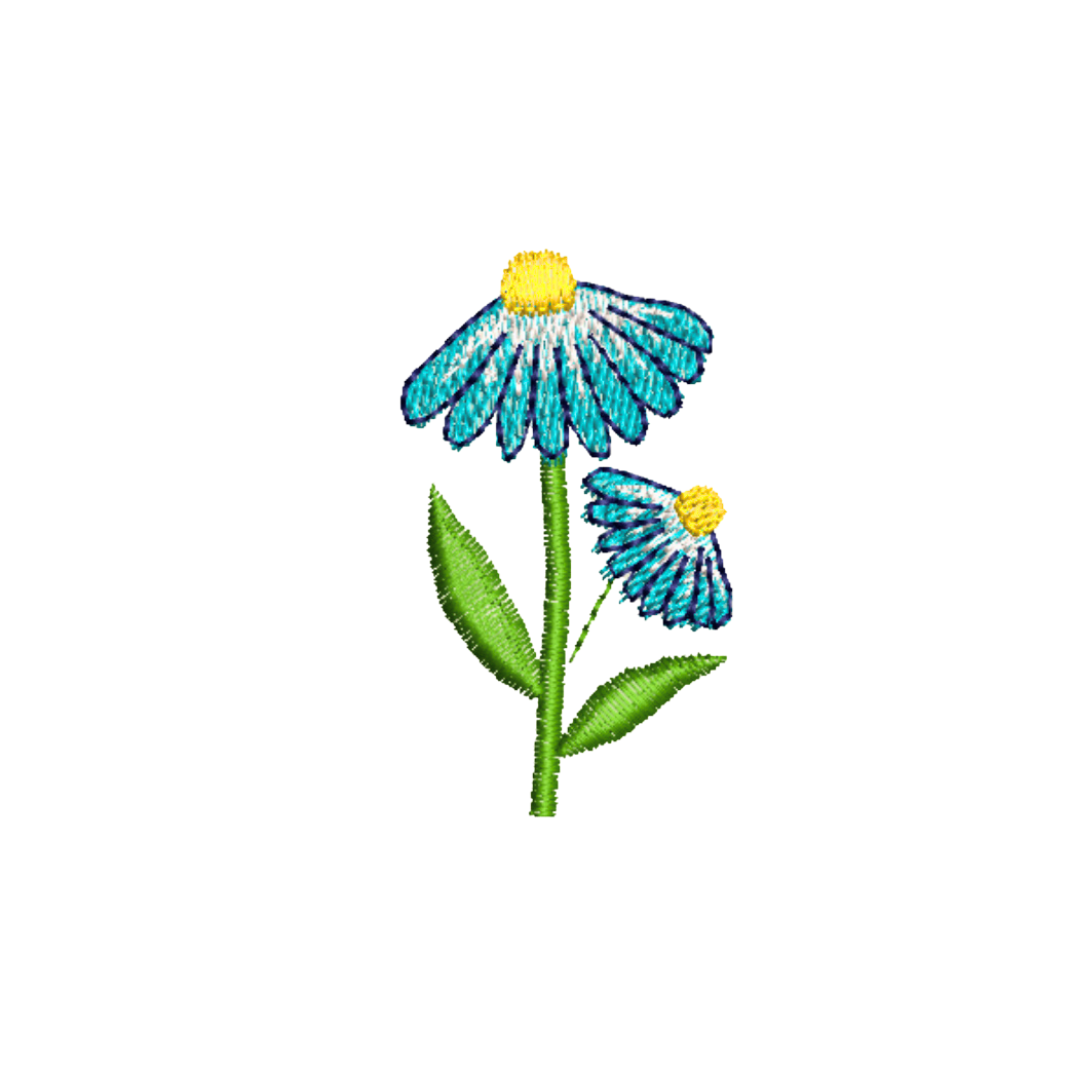 This is an image of a machine embroidery pattern by Stitches & Strokes, featuring a little blue daisy flower machine embroidery design. This small daisy machine embroidery design is perfect for adding a little detail to t-shirts, hoodies, tea towels, aprons, and accessories like make-up and tote bags.