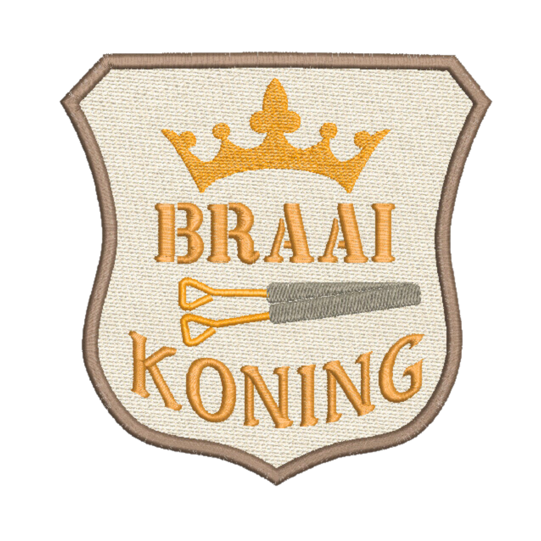 This is an image of a machine embroidery design featuring a badge with an Afrikaans "Braai Koning" quote. This Braai koning machine embroidery design is perfect for embroidery on aprons and t-shirts for men who loves to braai. This Braa design will make the perfect Father's Day Gift.