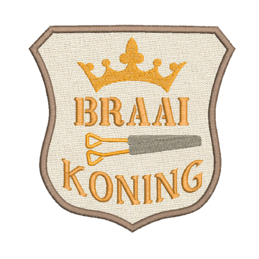 This is an image of a machine embroidery design featuring a badge with an Afrikaans "Braai Koning" quote. This Braai koning machine embroidery design is perfect for embroidery on aprons and t-shirts for men who loves to braai. This Braa design will make the perfect Father's Day Gift.