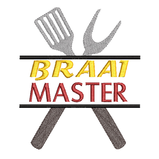 This is an image of a machine embroidery design featuring a "Braai Master" quote and braai utensils. This Braai-themed machine embroidery design is perfect for embroidery on t-shirts and aprons. This Braai machine embroidery design will make the perfect Father's Day Gift.