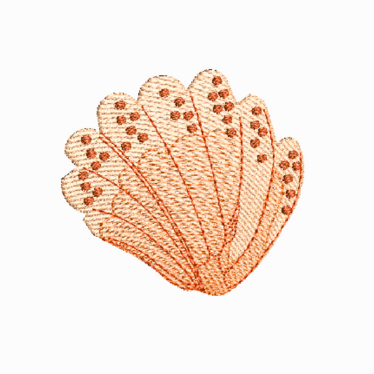 This is an image of machine embroidery design by Stitches & Strokes, featuring a Broad Ribbed Sea Shell in shades of salmon and browns. This ribbed sea shell machine embroidery design is perfect for embroidery on home décor items like bath towels, and pillowcases.