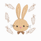 This is an image of a machine embroidery design featuring a cute brown bunny with a heart shaped nose, long ears, and a bow tie. This bunny machine embroidery design is further adorned with cute carrots in an outline stitch. This bunny machine embroidery design from Stitches and Strokes is ideal for embroidery on items for babies like blankets, bibs, and burp cloths, as well as Easter decorations and Easter egg hunt bags. 
